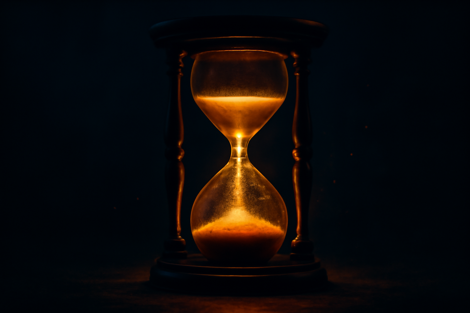 An antique hourglass with glowing golden sand, radiant in deep darkness, endurance through the long night.