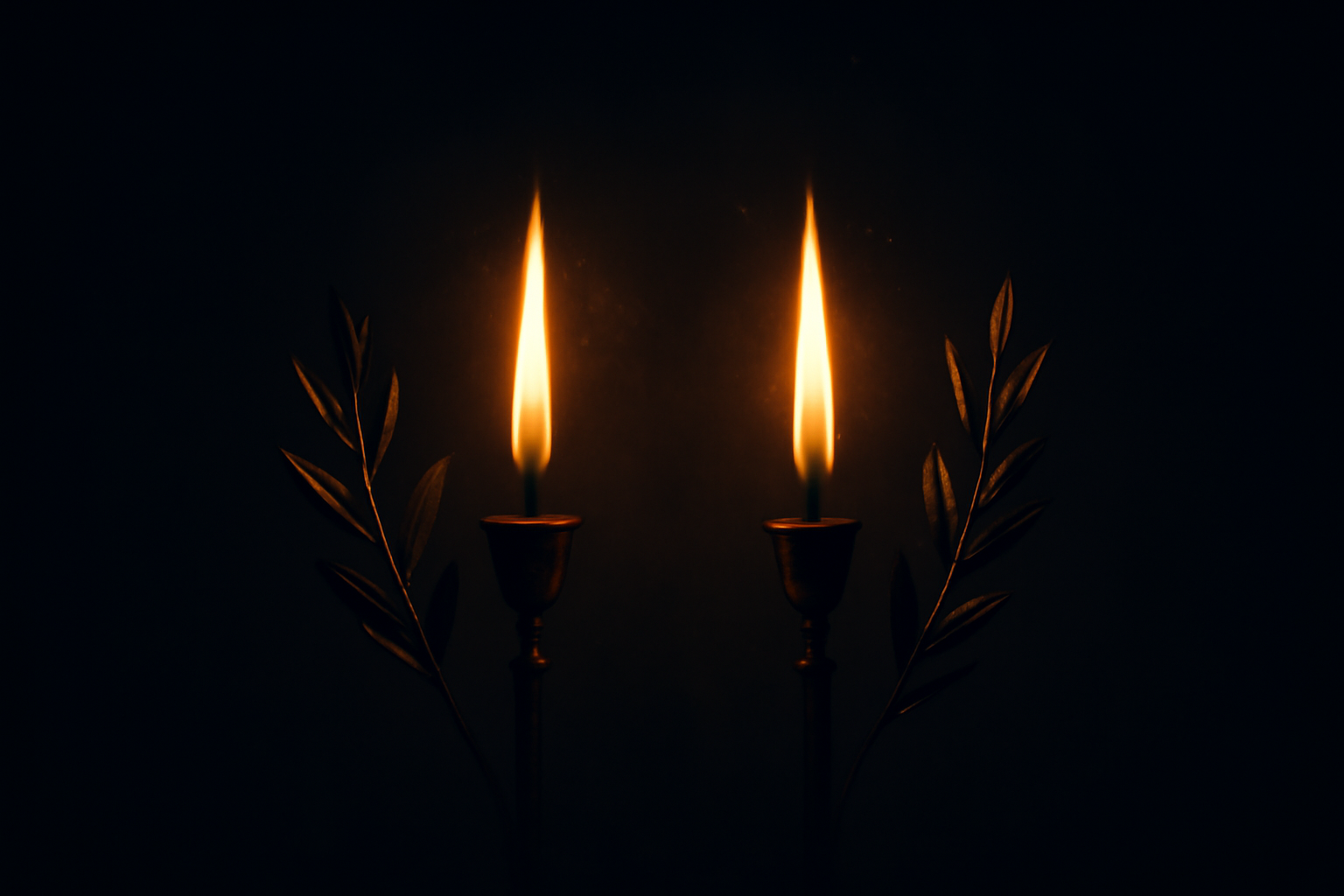 Two golden flames burning side by side, flanked by two olive branches, glowing in deep darkness, the two faithful witnesses.